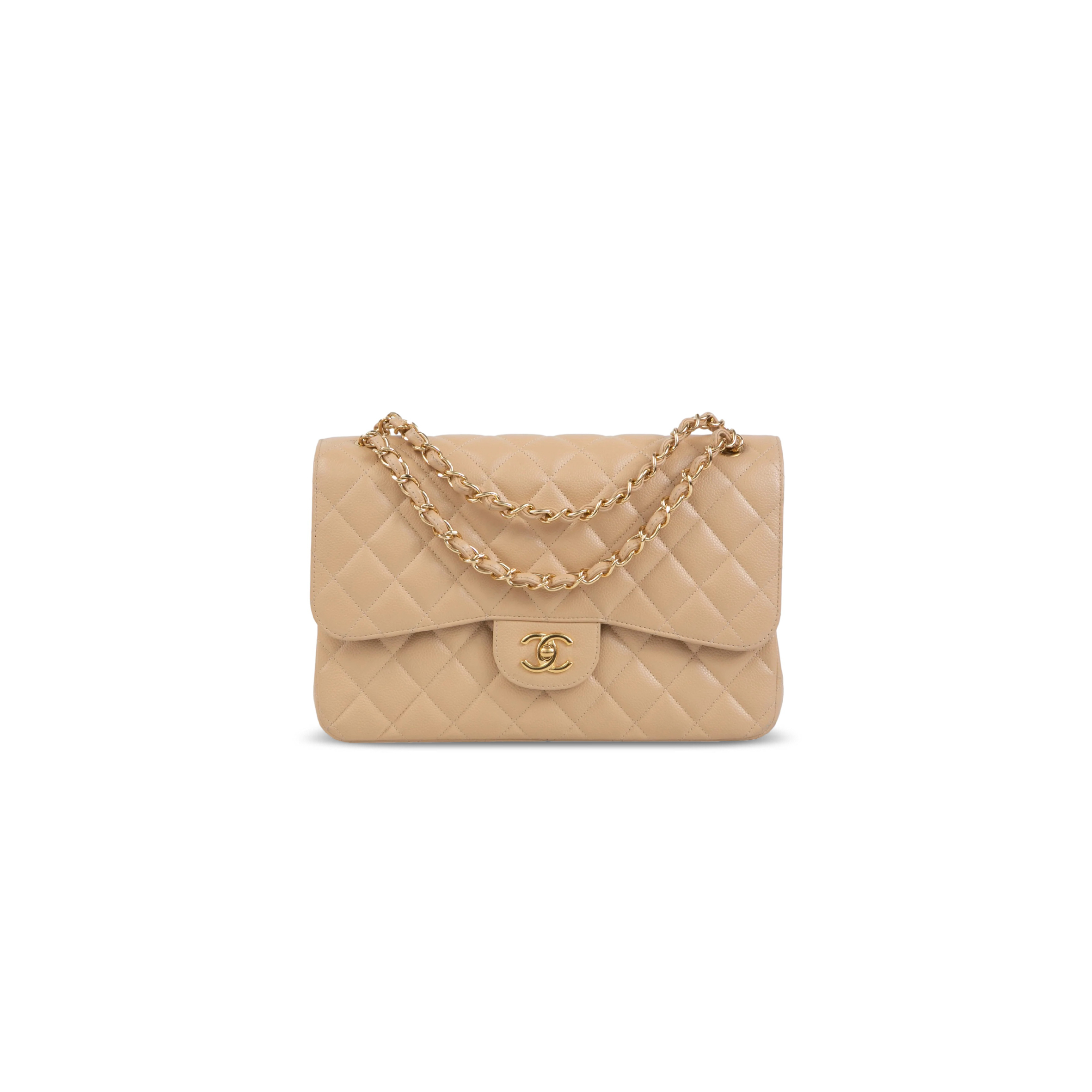 CHANEL JUMBO CLASSIC DOUBLE FLAP BAG BEIGE CAVIAR GOLD HARDWARE (30*21*9cm)